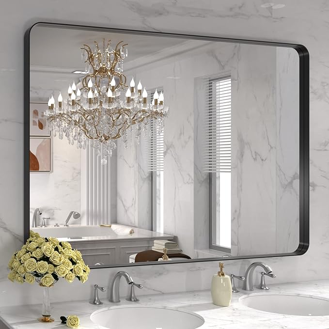 LOAAO 48X32 Inch Black Metal Framed Bathroom Mirror by LOAAO