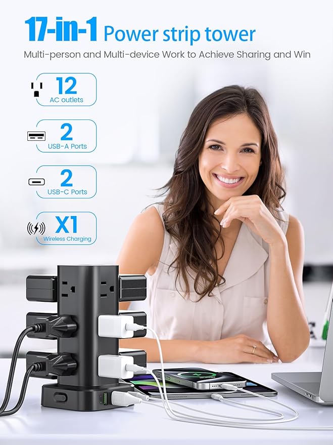 Tower Power Strip with 15W Wireless Charger, 6FT Flat Plug Extension Cord with - Image 3
