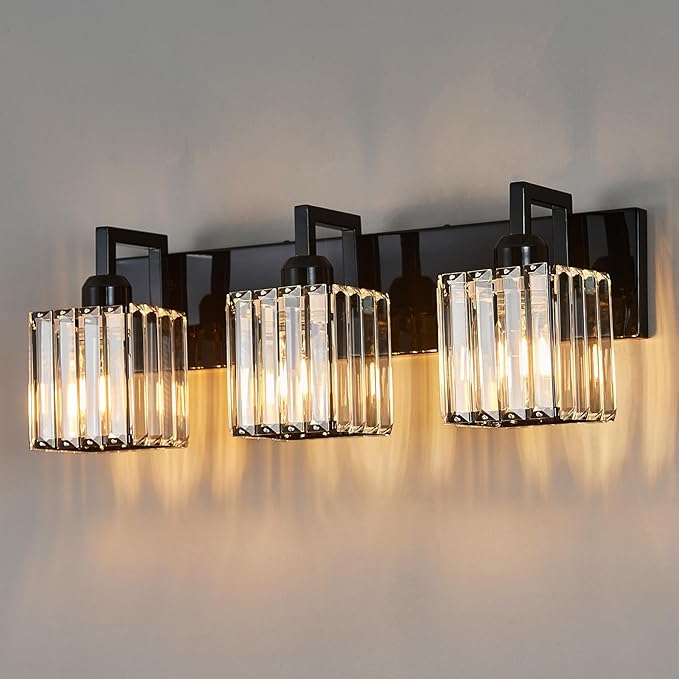 FDPBY Modern Bathroom Vanity Light 3-Lights Plating Black Vanity Light Crystal by FDPBY