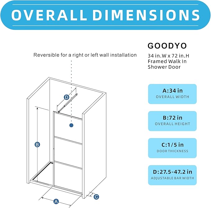 Goodyo Fixed Shower Door 34" X 72" Clear Tempered Glass Shower Screen Panel - Image 5