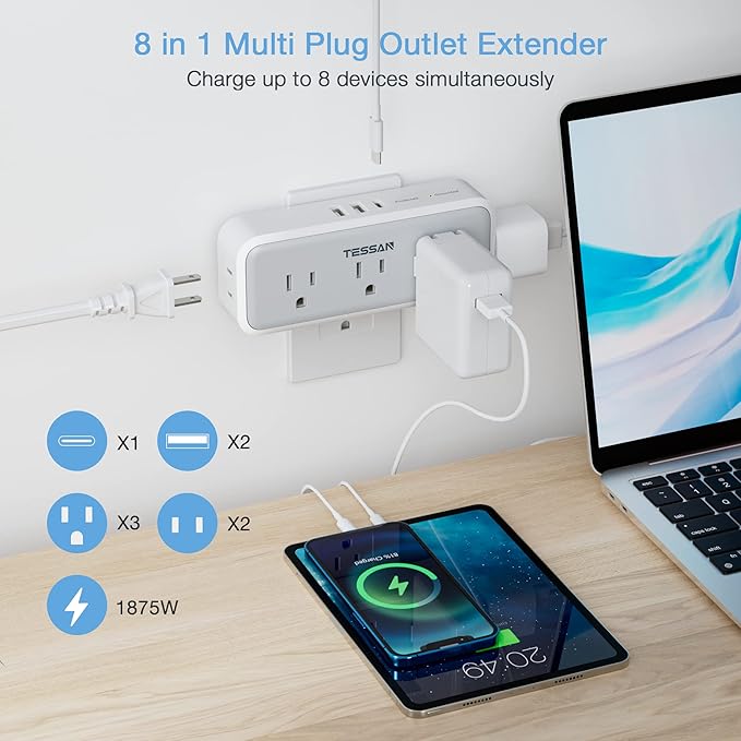 Multi Plug Outlet Extender, USB C Wall Charger, TESSAN Wall Plug Splitter - Image 2
