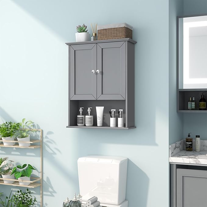 Grey Wall Mounted Bathroom Cabinet 24x30 Inch Wooden Over Toilet Storage Cabinet - Image 7