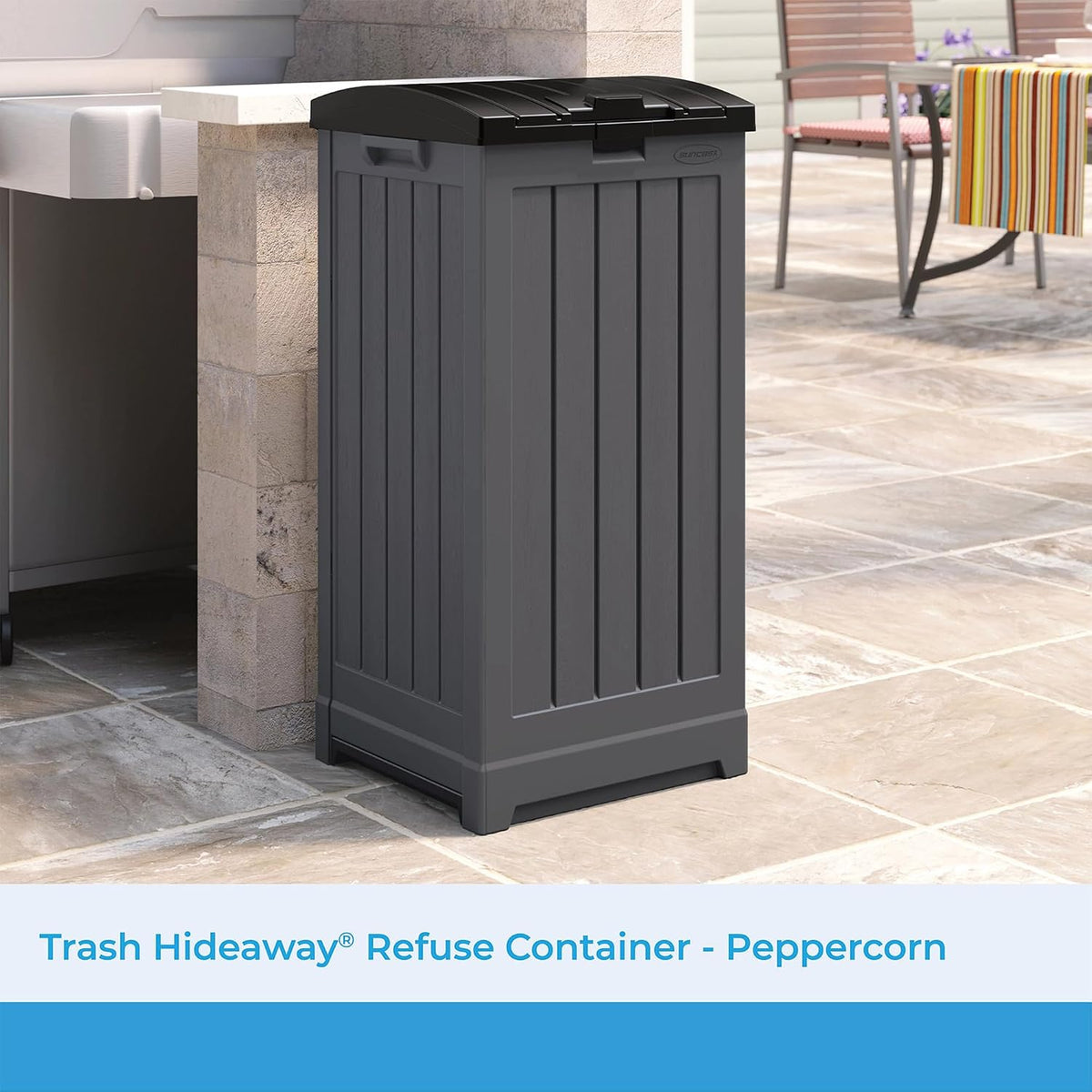 suncast 39-gallon resin outdoor hideaway trash can with shown in use