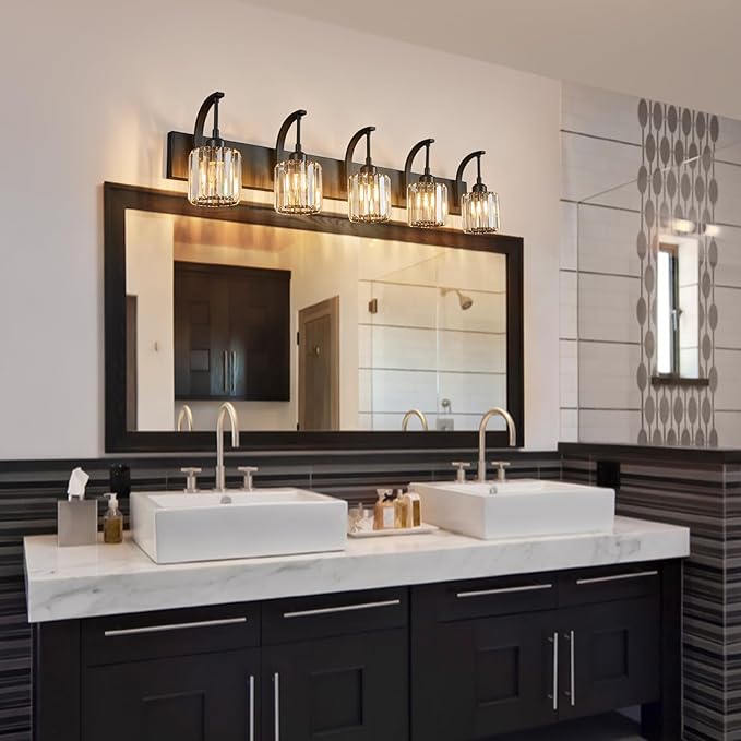 FDPBY 5-Light Crystal Vanity Light, Modern Black Bathroom Wall Sconce - Image 6