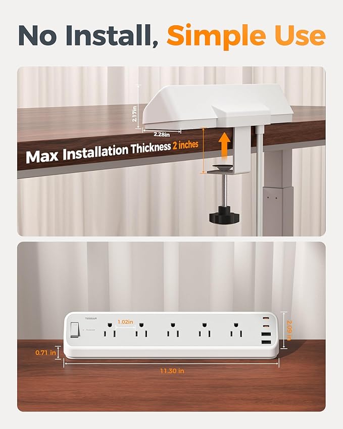 TESSAN Desk Clamp Power Strip 6 Ft, 2100J Surge Protector, 5 Outlets and 4 USB - Image 3