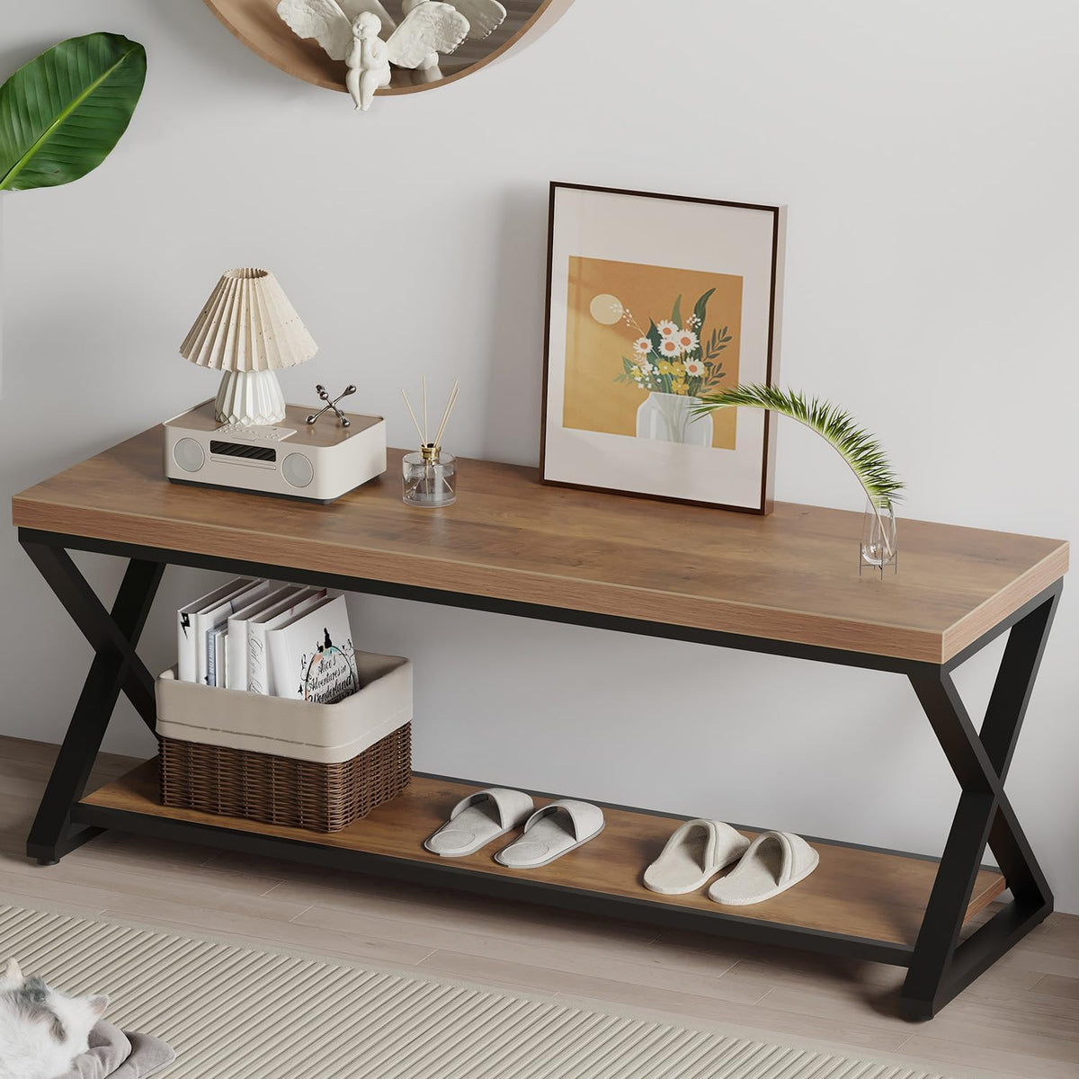 ibf rustic entryway bench with storage, rustic oak, main product view