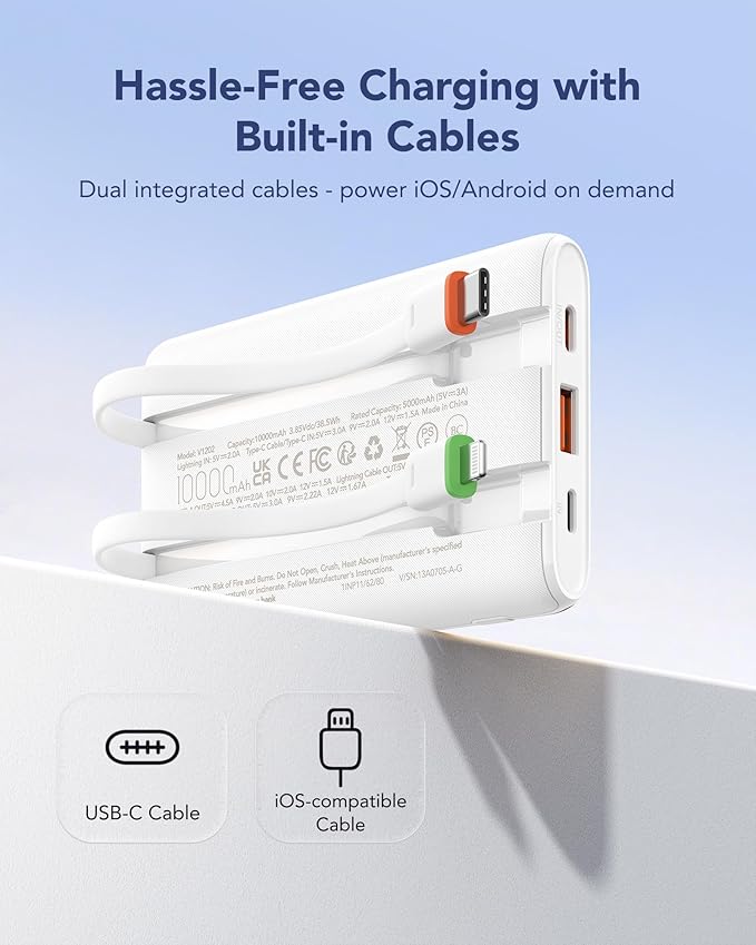 VEGER Portable Charger with Built in Cable, 10000mAh 22.5W Fast Charging USB C - Image 2