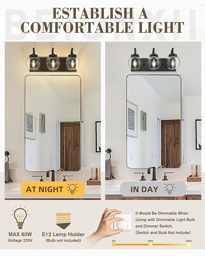 Beionxii Black Bathroom Vanity Light, 3-Light Bathroom Light Fixtures - Image 3