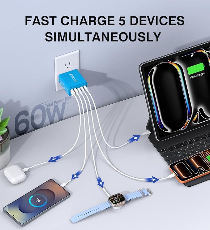 Wall Charger, USB C Charger Block, 5-Port PD + QC 3.0 Fast Charging Power Plug - Image 3