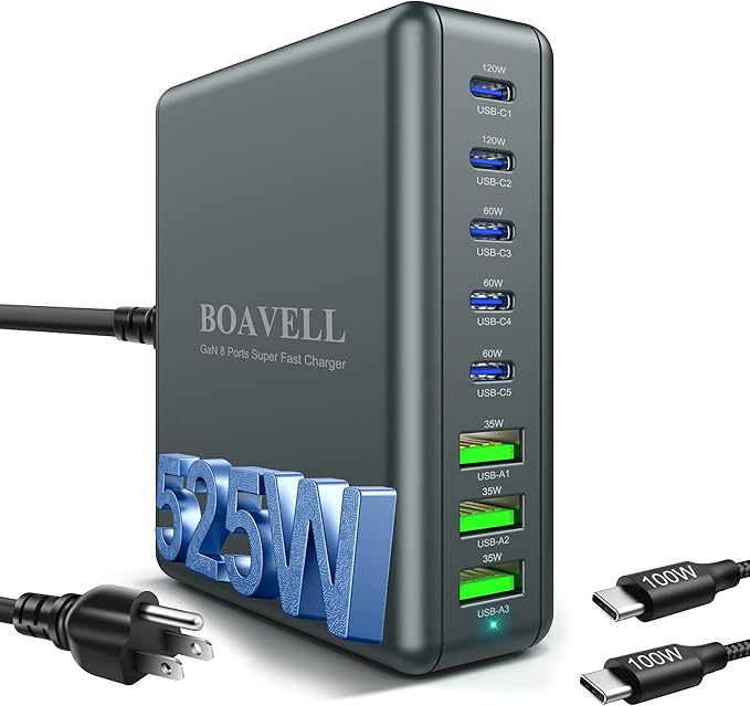 USB C Charger Block, 525W 8-Port GaN Fast Charging Station Hub by BOAVELL