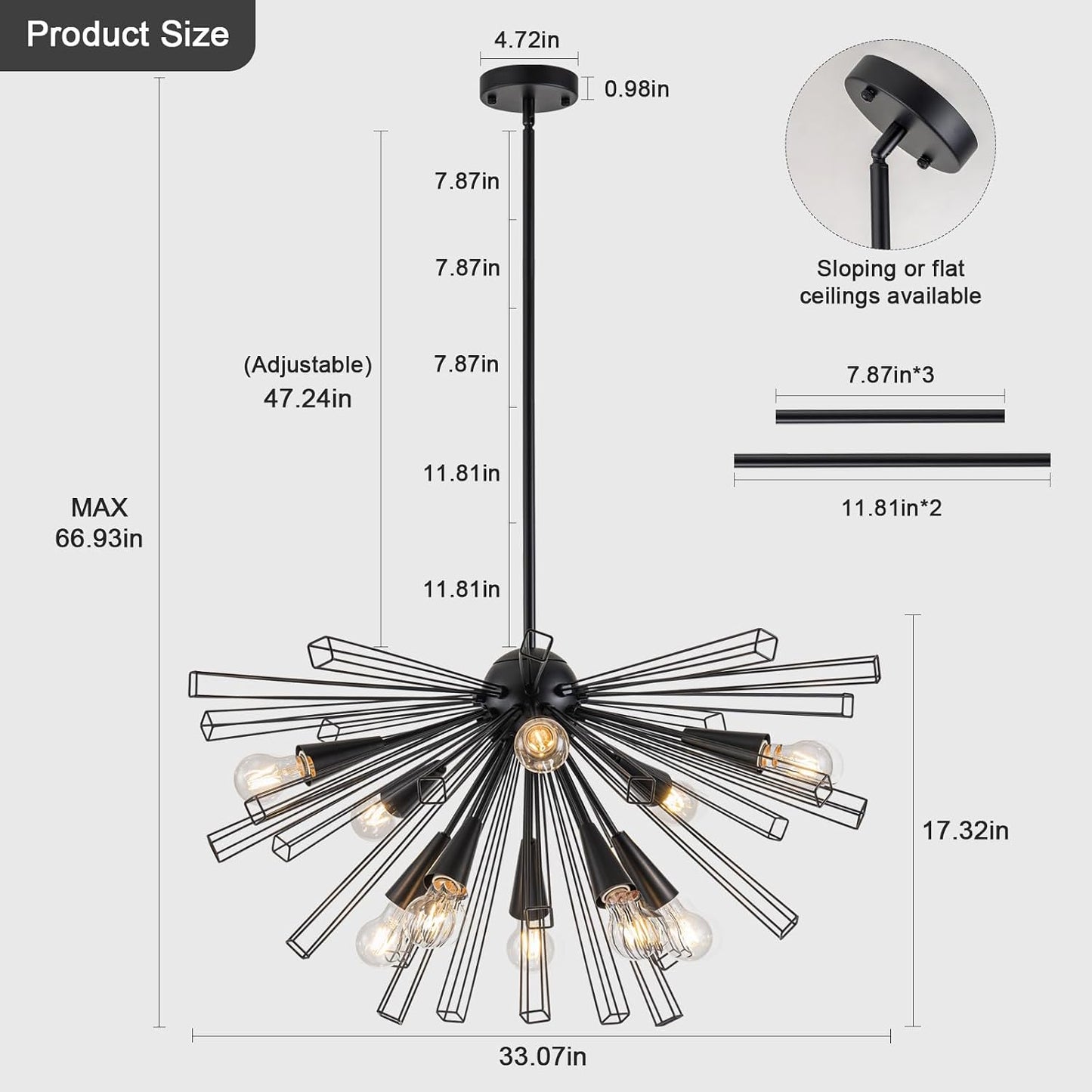 10-Light Black Sputnik Chandeliers, Modern Starburst Chandelier | 33" Farmhouse Dining Room Light Fixture, Large Pendant Light Fixture for Living Room Bedroom Kitchen, Adjustable Height, E26