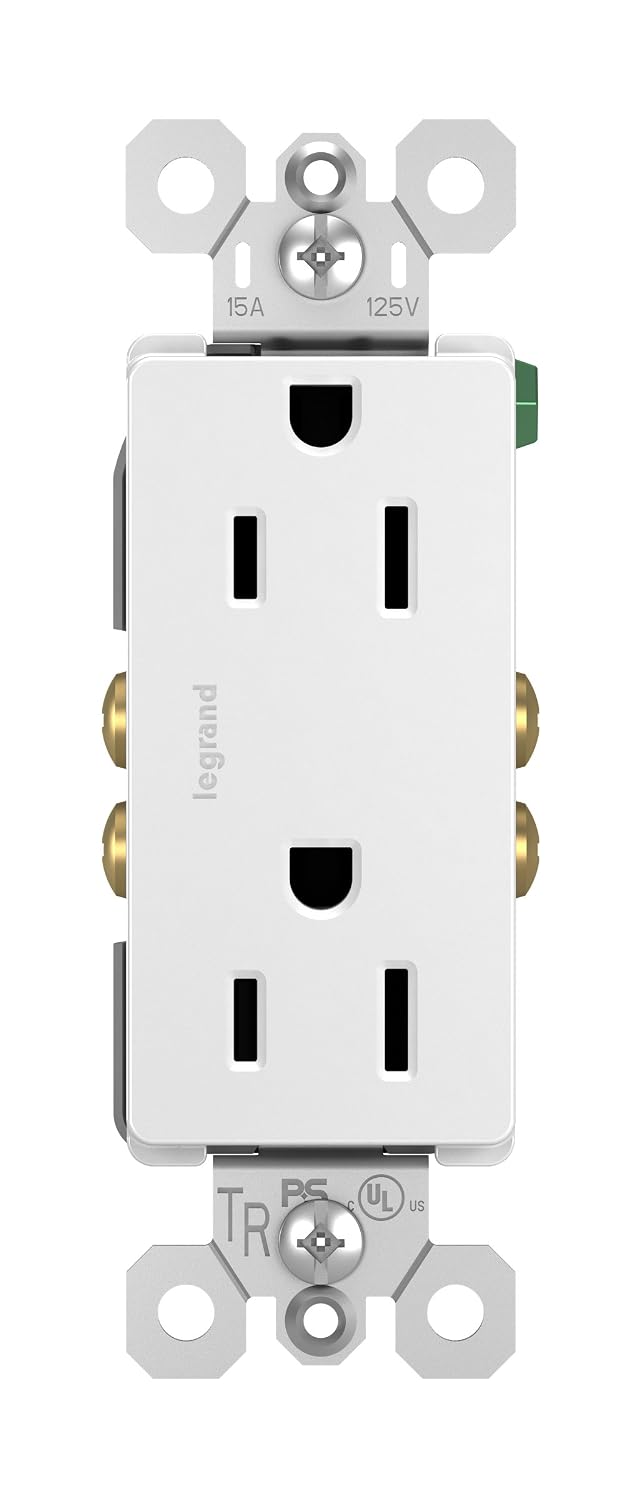 Legrand radiant 15 Amp Tamper Resistant Decorator Outlet White 1 Pack | Pass & Seymour Residential Grade, Décor Wall Outlet, Push Wire, Side Wire, Child-Safe Shutters, Duplex Receptacle