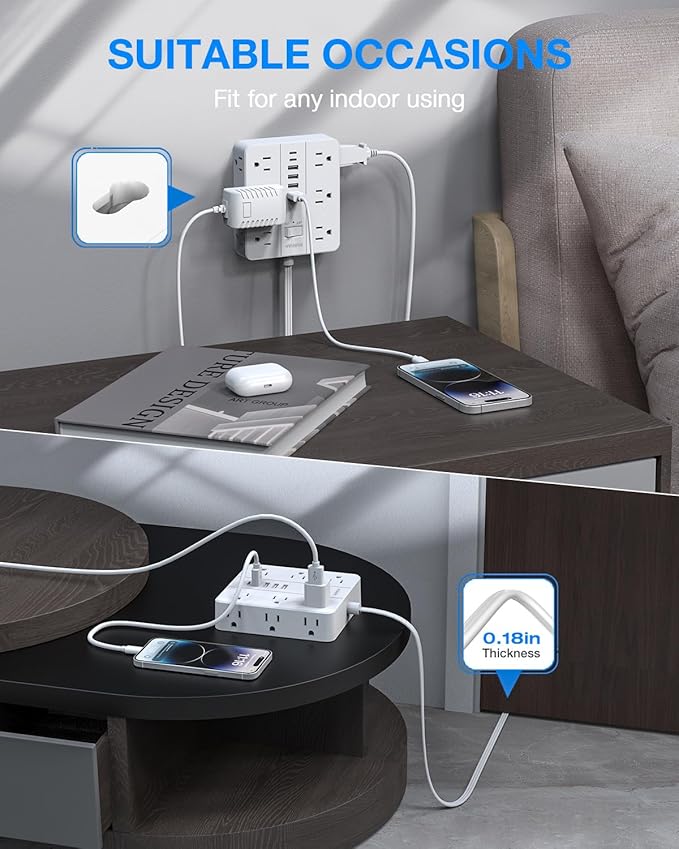 Flat Plug Surge Protector Power Strip, HUNIAN 12 Widely Spaced Outlets - Image 5