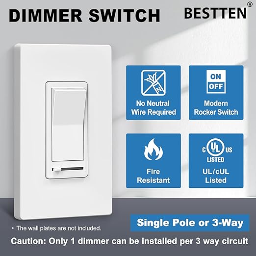 BESTTEN 5 Pack Dimmer Light Switch, Single Pole or 3-Way, Compatible - Image 2