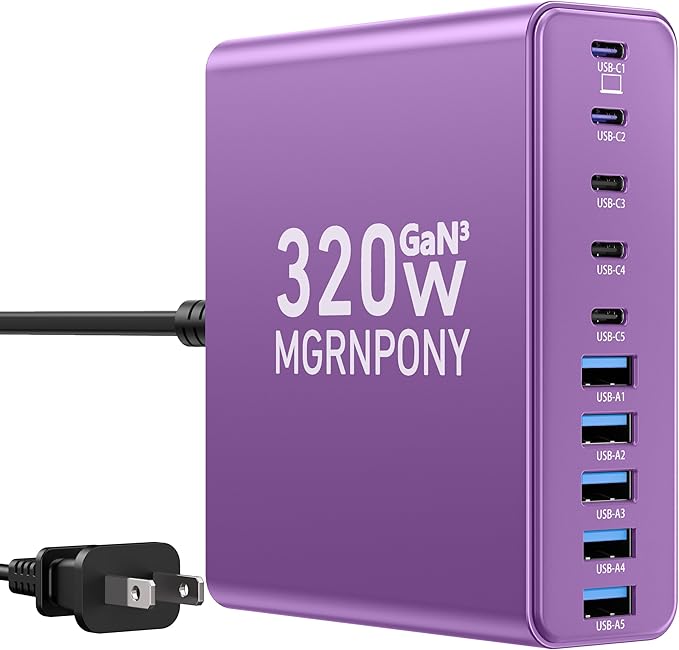 320W USB C Charger Block, 10-Port USB C Charging Station GaN III PD 65W Laptop by MGRNPONY
