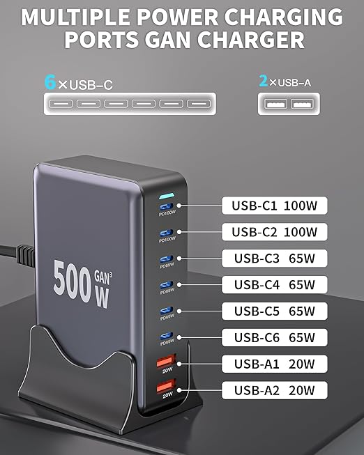 500W USB C Charger Block, GaN3 Charging Station 8-Port Fast USB Charger Block - Image 3