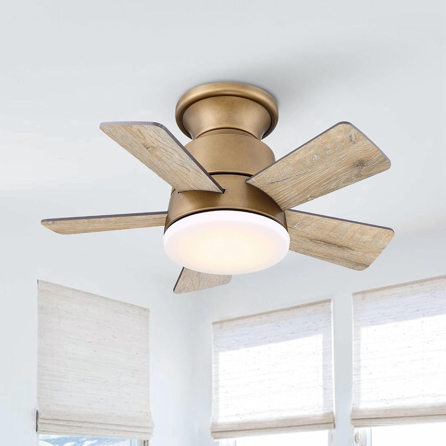 24" Flush Mount Ceiling Fan with Light and Remote, Small Ceiling Fan for Bedroom Kitchen Porch, Reversible Motor, Hugger Low Profile Fan with 3000K LED Light，Gunmetal Brown