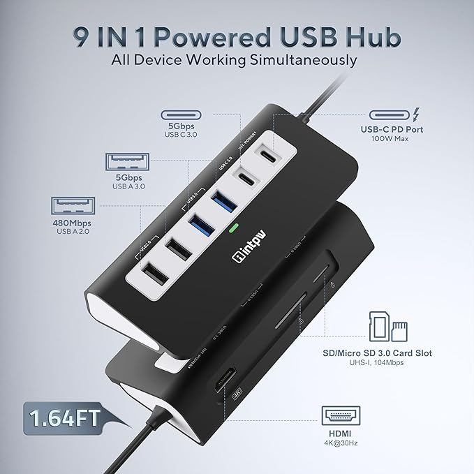 P9 USB C Hub, INTPW 9-in-1 USB Multiport Adapter - Image 2