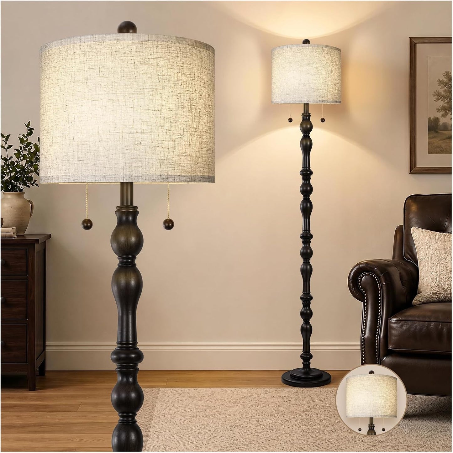Scenekoy 65.5" Retro Farmhouse Real Wood Floor Lamp for Living Room Office | Dual Pull Chains Switch, Linen Shade, LED Bulb Included, Solid Wood Base, Dark Gray Rustic Standing Lamp, Bedroom Tall Lamp