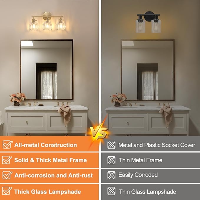 Shenmoyl Bathroom Light Fixtures, 3-Light Brass Vanity Wall Light Over Mirror - Image 3