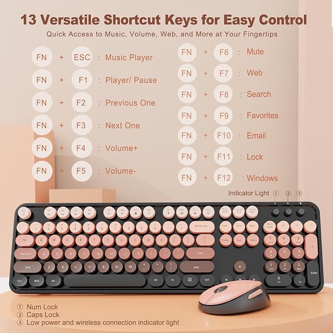 Nowlike Wireless Keyboard and Mouse Combo, Retro Typewriter Keyboard - Image 3