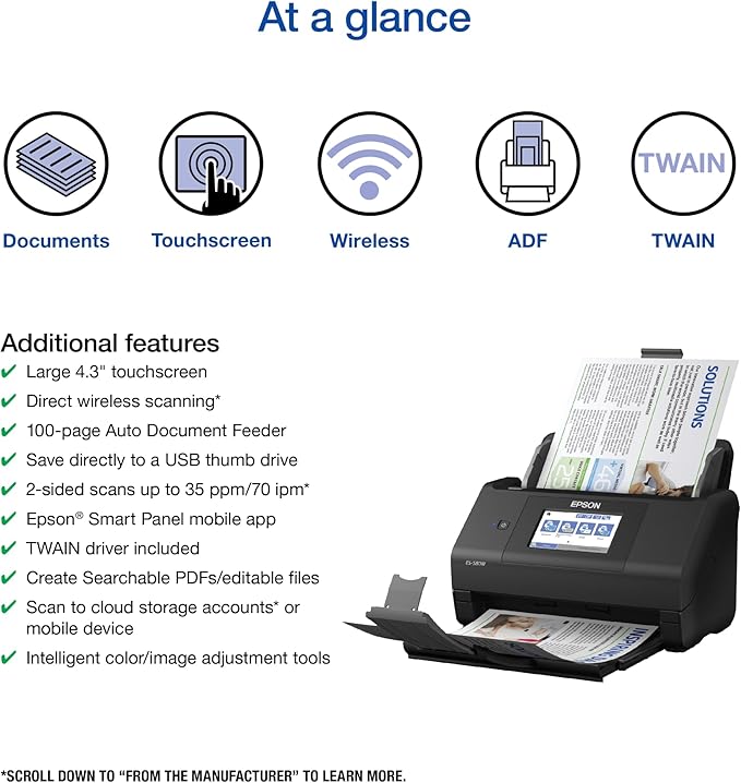 Epson Workforce ES-580W Wireless Color Duplex Desktop Document Scanner - Image 2