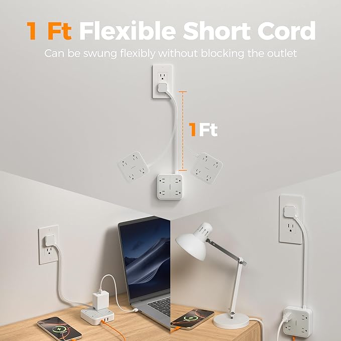 TESSAN Short Extension Cord, 1 Ft Ring Pull Surge Protector Power Strip - Image 3