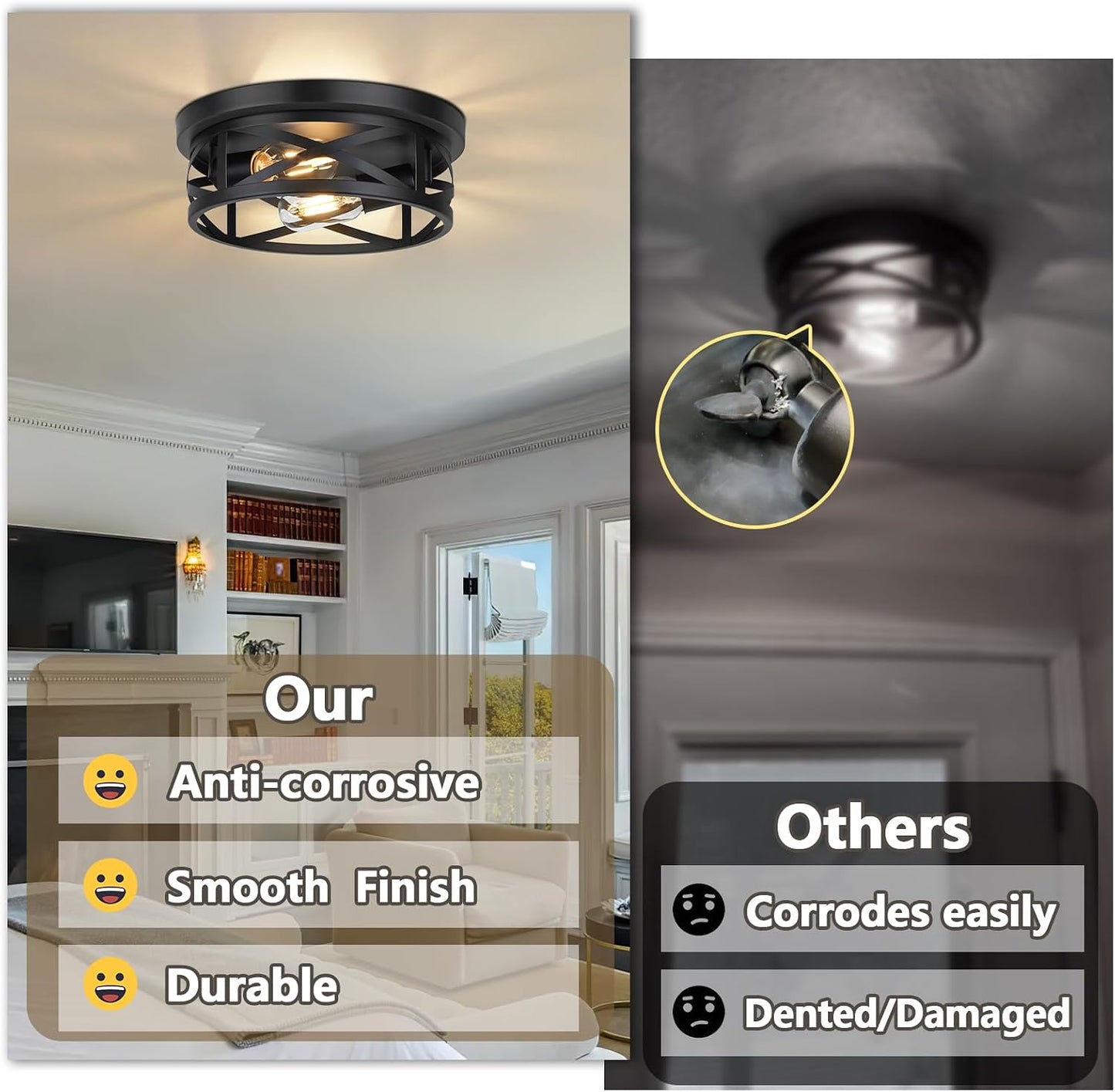 2-Light Flush Mount Ceiling Light Fixtures, 2-Pack | Farmhouse Black Ceiling Lights, Industrial Metal Cage Light Fixtures with Adjustable Head for Bedroom Hallway Kitchen