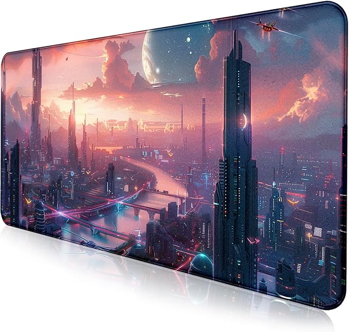 Digital Anime City Night View Office Art Desk Mat, Female Aesthetic Style by LQFIWSS