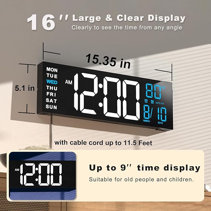 JALL 16" Large Digital Wall Mount Clock, Count Down Timer, Big LED, RGB Color - Image 2
