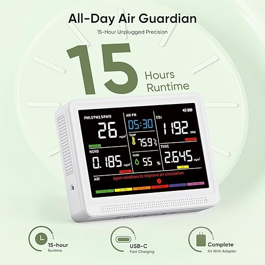 bonoch Upgrade 16 in 1 Air Quality Monitor Indoor 15h Battery & 5.5" Display 9 - Image 2