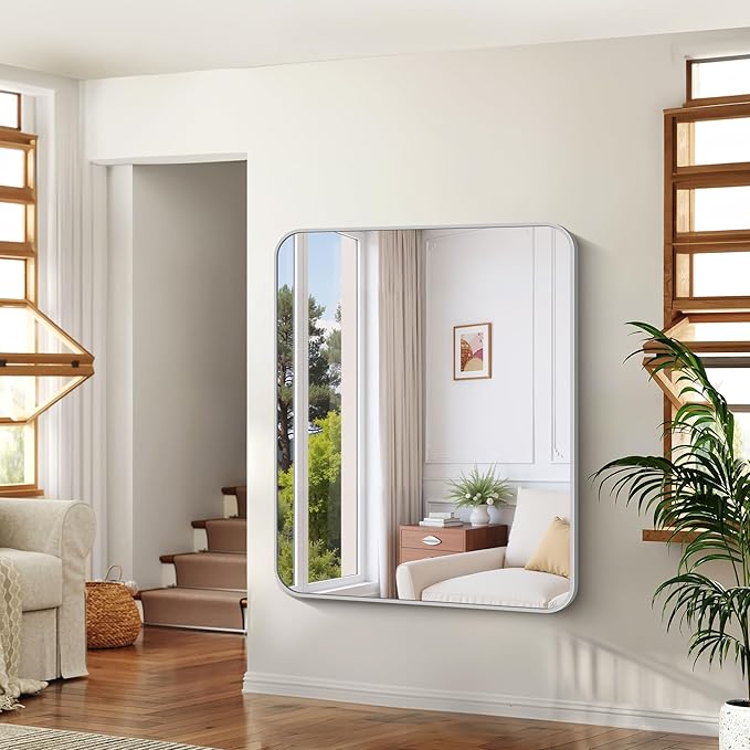 48x40 Inch Silver Bathroom Mirror, Large Rectangle Mirror, Metal Framed - Image 5