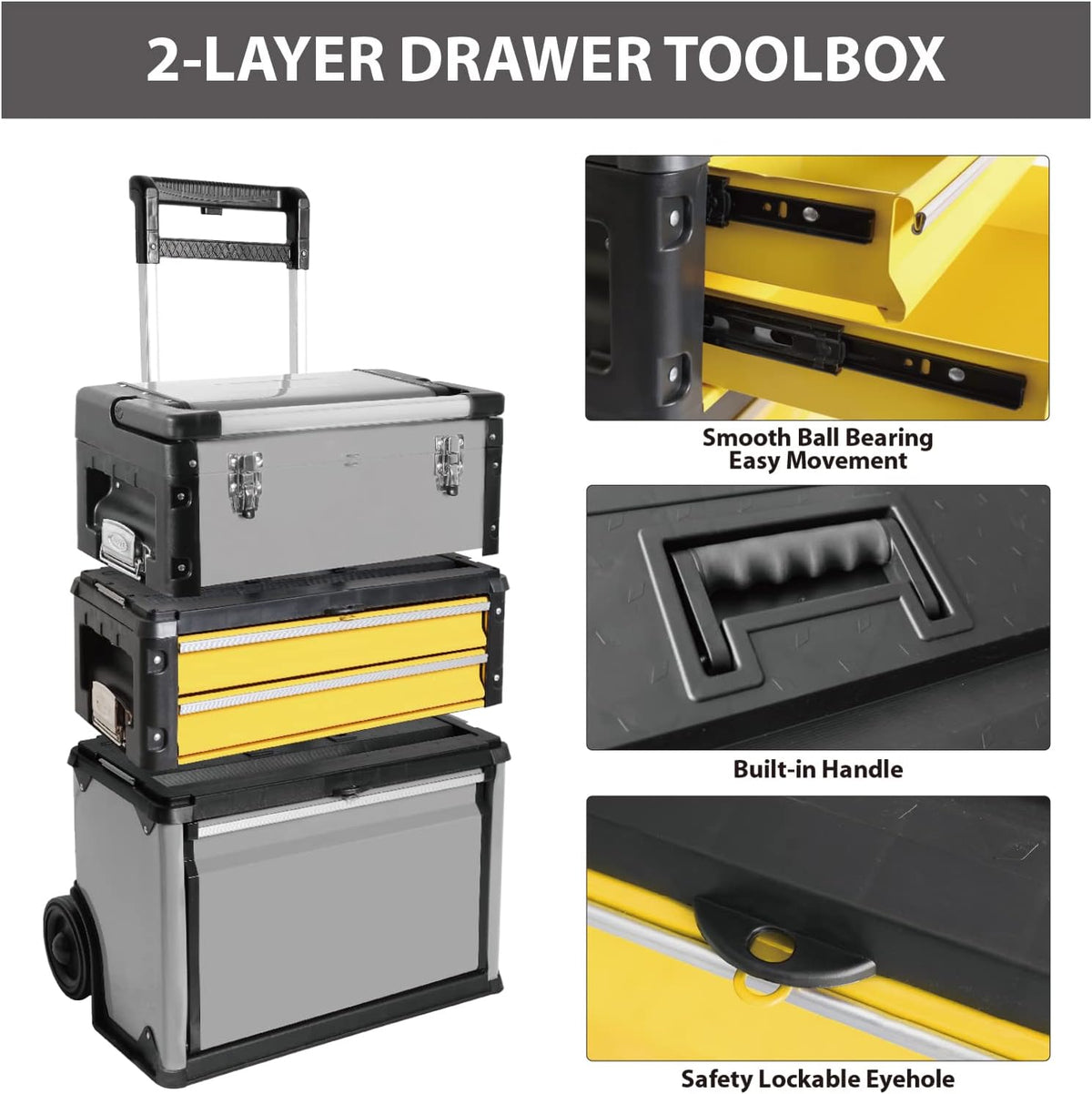 big red stackable portable metal tool box organizer, side view