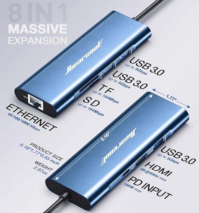 Hiearcool USB C Hub, 8in1 USB-C to 4K 60Hz HDMI Docking Station, USBC Ethernet - Image 5