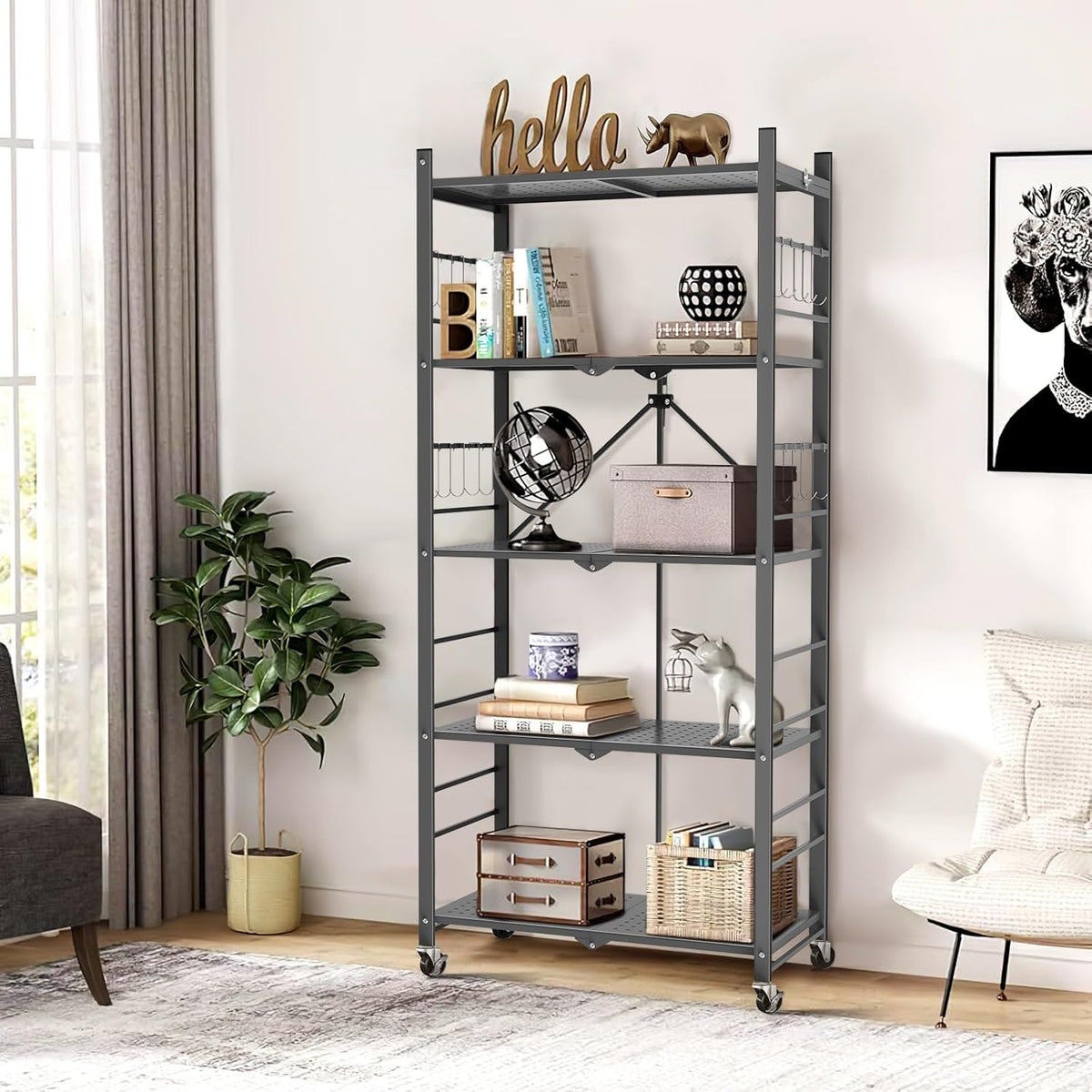 Himix Storage Shelves with 20 Hooks, 5-Tier Foldable Shelves