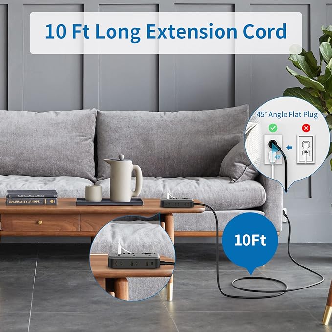 Flat Plug Extension Cord 10 Ft, NTONPOWER 6 Widely Spaced Outlet Power Strip - Image 2