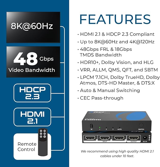 OREI HDMI Switch with Remote – 4K@120Hz 4:4:4 or 8K@60 4:2:0 HDMI Switcher – - Image 8