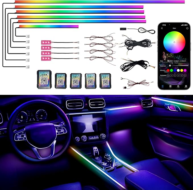 Acrylic Interior Car LED Strip Lights, Colorful 10-in-1 Car Ambient Lighting Kit by Unknown