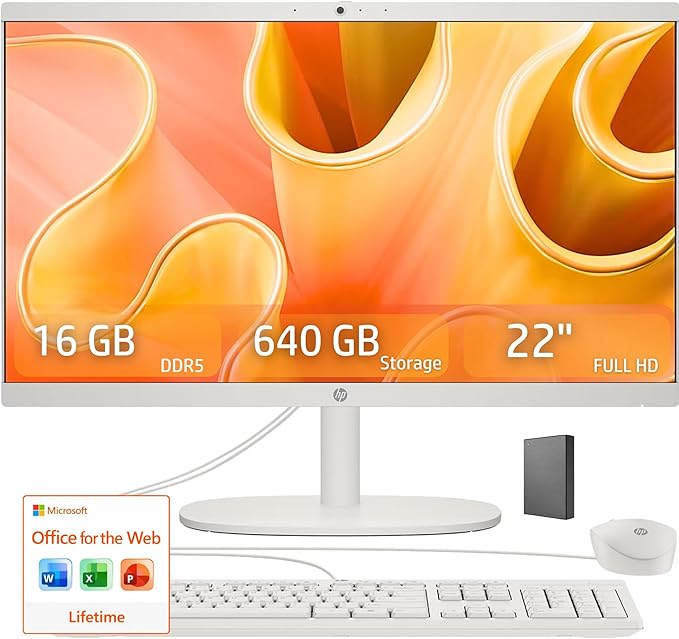 HP 22" FHD All-in-One Desktop Computer • 16GB DDR5 RAM • 512GB External and by HP