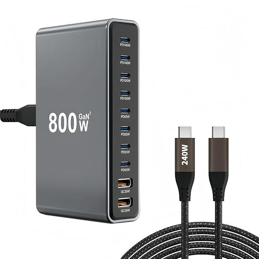800W USB-C Charging Station GaN III 10-Port & 6.6ft 240W Cable, Compatible by Unknown