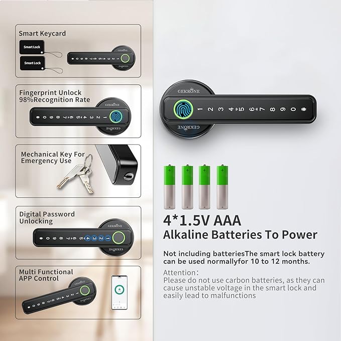 GEKRONE Fingerprint Smart Lever Lock TUYA APP Control Keyless Entry Bluetooth - Image 2