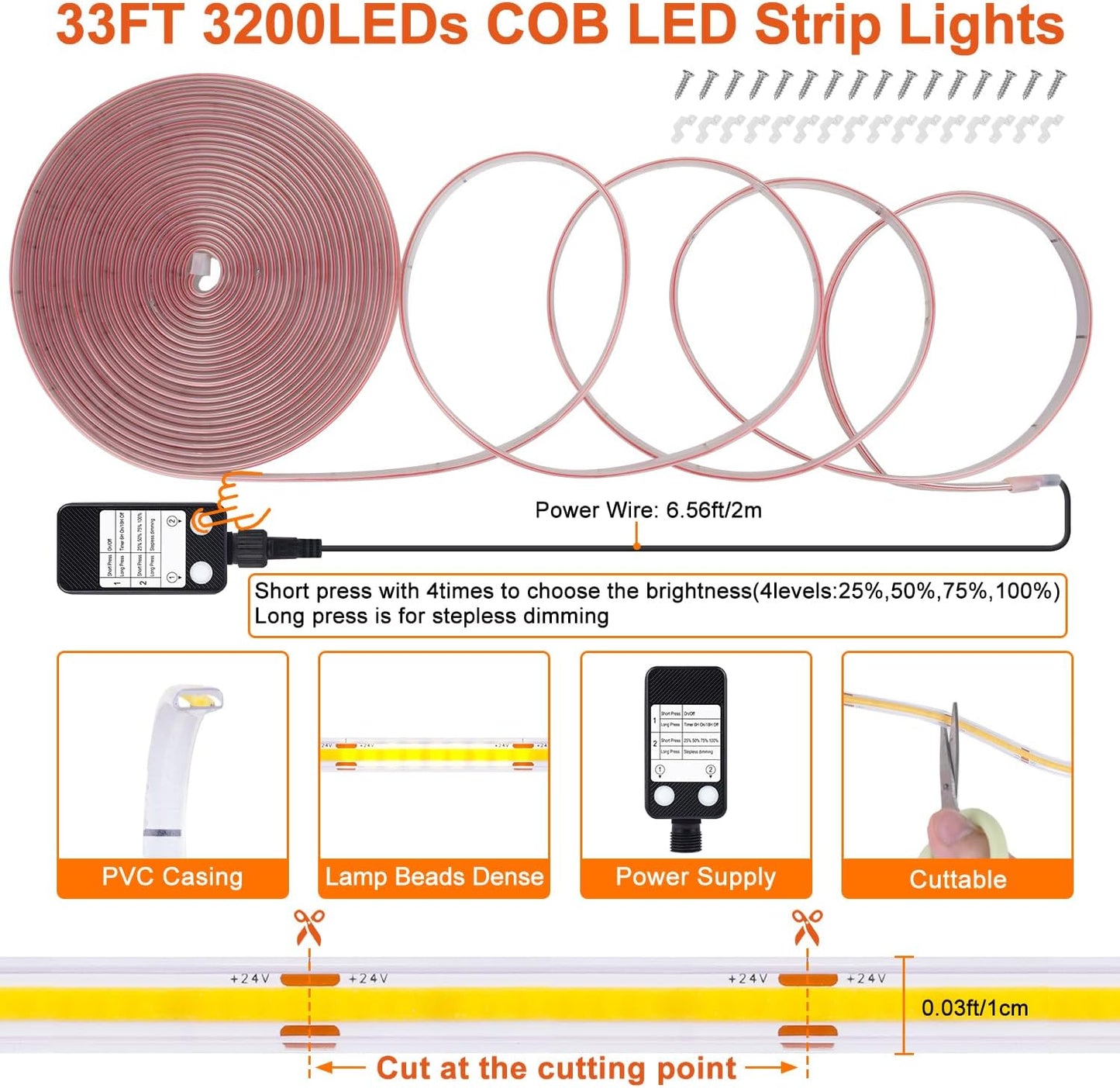 OMIKA Pink 33FT COB LED Strip Lights Outdoor Waterproof,3200 LED Plug in Strip Light PVC Casing Tape Light Flexible with Self-Adhesive Timer Dimmable for House Garden Camping DIY