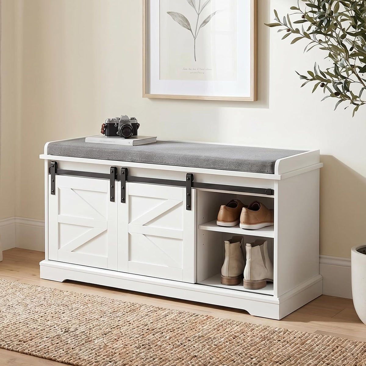 loomie 39" wide white shoe storage bench with on a desk or shelf