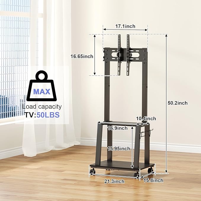 Rolling TV Stand on Wheels for 23-60Inch Flat/Curved Screen TVs, Tilt Mobile TV - Image 8