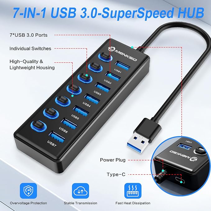 7-Port USB 3.0 Hub, Data USB Hub Splitter - Image 2