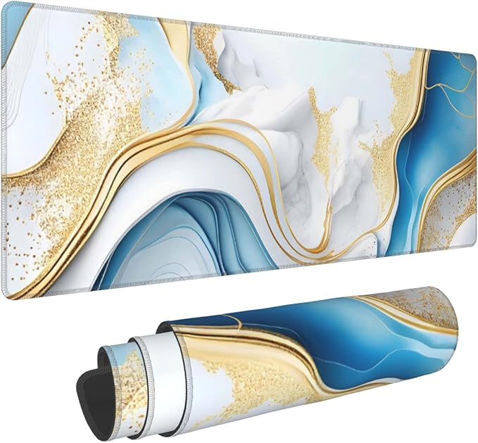 Swirl of Blue Gold Marble Extended Big Mouse Pad Large, XL Gaming Mouse Pad by CANFLASHION