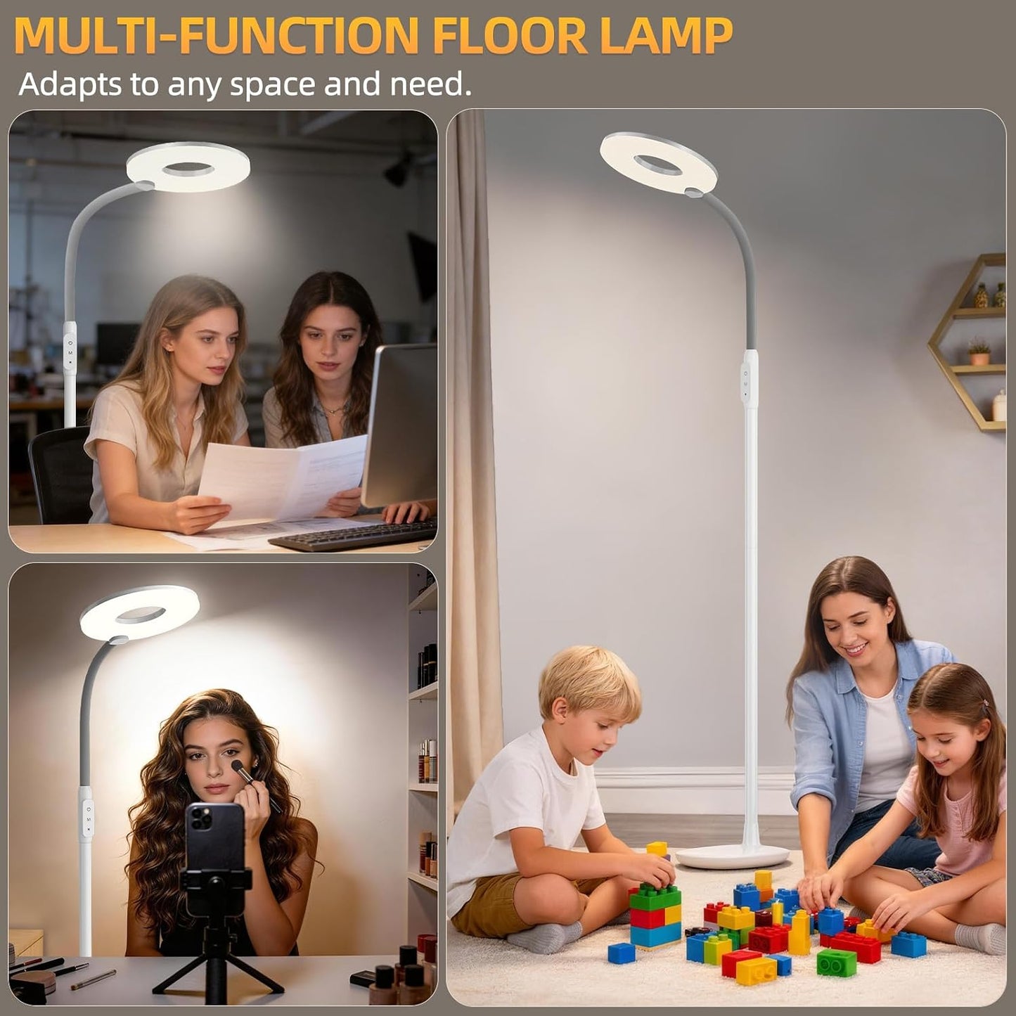 70'' Bright LED Floor Lamp Floor Lamps for Living Room, Office,White | Dimmable & 3 Color Temperature, Touch Control Standing Tall Lamp, Gooseneck Floor Light for Sewing, Craft, Bedroom, Corner