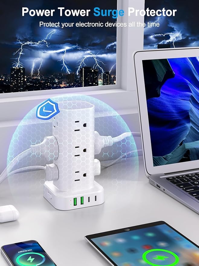 Power Strip Tower with Wireless Charger, Flat Plug Surge Protector Tower with - Image 6