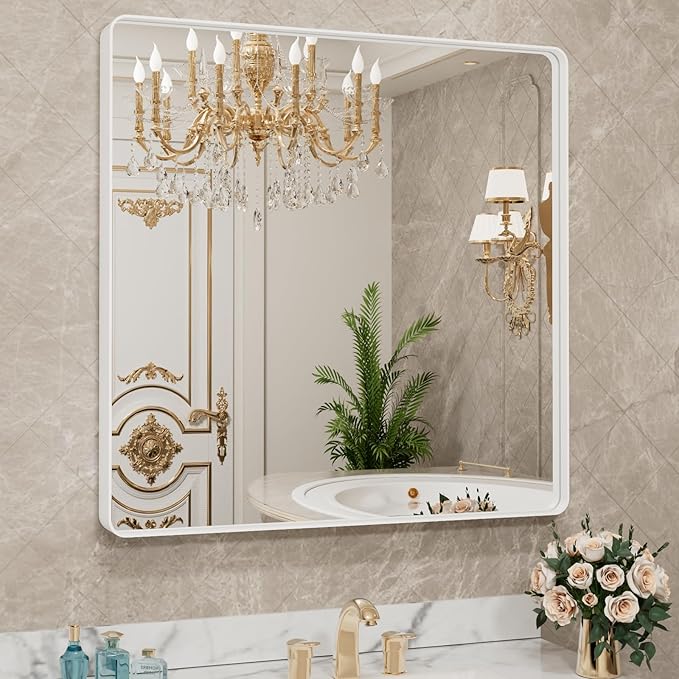 LOAAO 30x30 Inch White Metal Framed Bathroom Mirror - Image 7