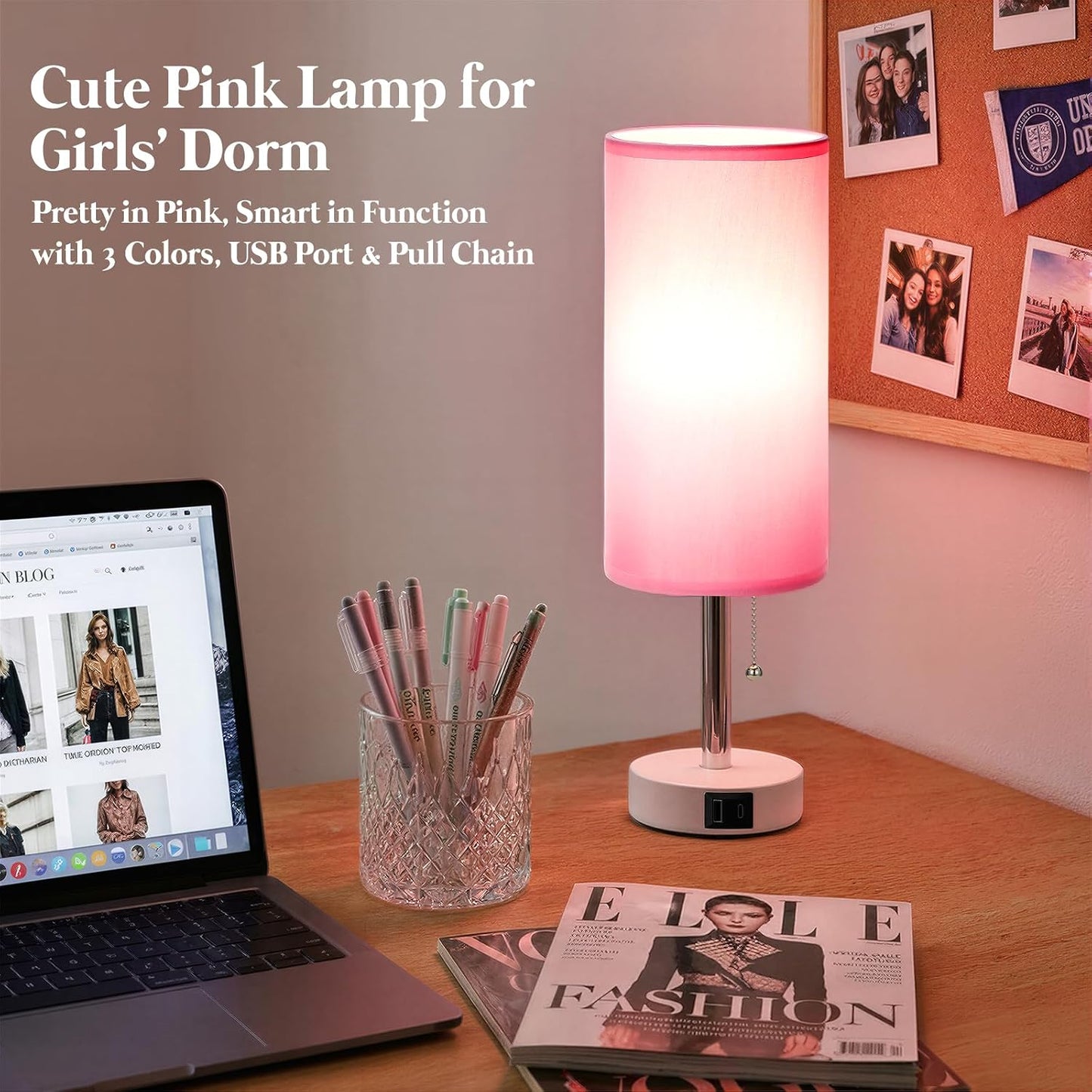 Dicoool Pink Bedside Table Lamp for Girls Bedroom - USB A+C Charging Ports | 3 Color Temperatures, Bulb Included, Pink Fabric Shade, White Metal Base, Cute Pink Room Decor, 14" Desk Lamp for Kids Dorm